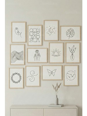 Tontilika 12 Parça Line Art Minimal Dekoratif Çerçeve Görünümlü Tablo Seti