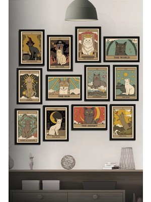 Tontilika 12 Parça Çerçeve Görünümlü Tatlı Kediler Tarot Kart Dekoratif Mdf Tablo Seti (80X80 Cm)