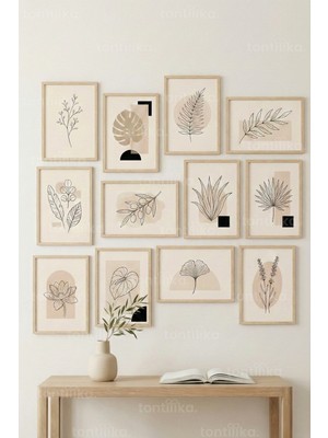 Tontilika 12 Parça Sade Yaprak Çizimleri 2 Renk Seçenekli Dekoratif Çerçeve Görünümlü Tablo Seti