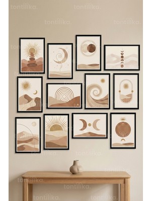 Tontilika 12 Parça Boho Güneş ve Ay Temalı 2 Renk Seçenekli Dekoratif Çerçeve Görünümlü Tablo Seti