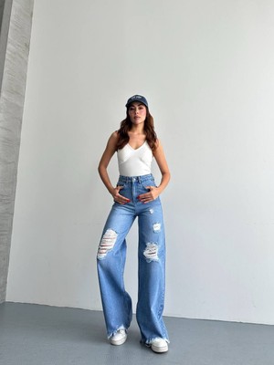 Aida Fashion Çift Diz Yırtık Wide Leg Jeans