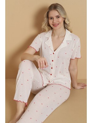 Wordex Mrn 1712 Minik Kalp Desenli Pointel Ince Kumaş Düğmeli Kısa Kollu Kadın Pijama Takımı