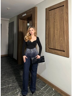 Lacivert Taşlı Denim Kot Pantalon Parlak Jean
