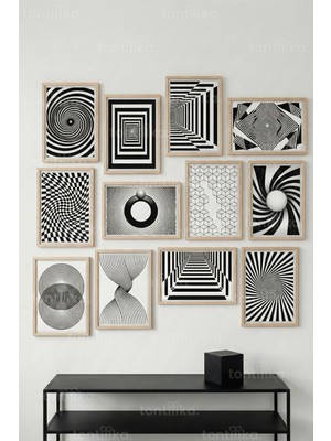 Tontilika 12 Parça Optik Geometrik 2 Renk Seçenekli Dekoratif Çerçeve Görünümlü Tablo Seti