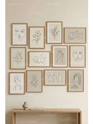Tontilika 12 Parça Minimal Line Art Botanik & Figür 2 Renk Seçenekli Çerçeve Görünümlü Tablo Seti