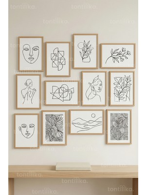 Tontilika 12 Parça Modern Line Art & Abstract 2 Renk Seçenekli Çerçeve Görünümlü Tablo Seti