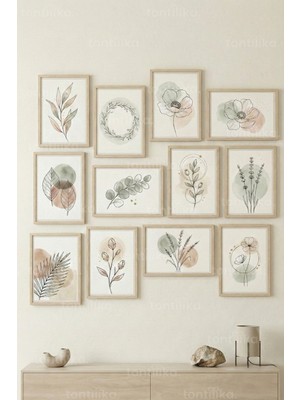 Tontilika 12 Parça Soft Çiçek Çizimleri 2 Renk Seçenekli Dekoratif Çerçeve Görünümlü Tablo Seti