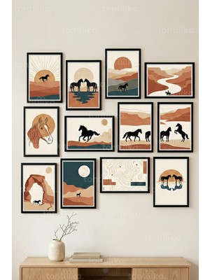 Tontilika 12 Parça At Figürlü Doğa 2 Renk Seçenekli Dekoratif Çerçeve Görünümlü Tablo Seti