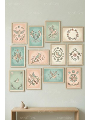 Tontilika 12 Parça Pastel Kuş Illüstrasyonları 2 Renk Seçenekli Dekoratif Çerçeve Görünümlü Tablo Seti