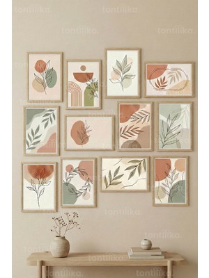 Tontilika 12 Parça Minimalist Yaprak Desenleri 2 Renk Seçenekli Dekoratif Çerçeve Görünümlü Tablo Seti