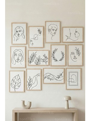 Tontilika 12 Parça Line Art Yüz ve Botanik 2 Renk Seçenekli Dekoratif Çerçeve Görünümlü Tablo Seti