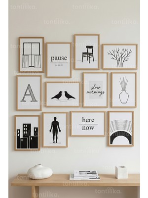 Tontilika 12 Parça Tipografi 2 Renk Seçenekli Dekoratif Çerçeve Görünümlü Tablo Seti