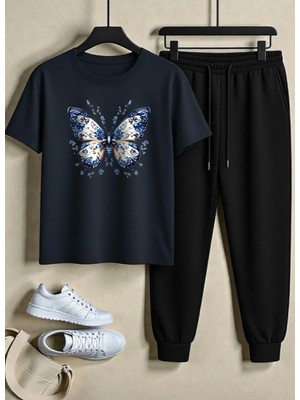 Punix Punıx Özel Tasarım Kelebek Baskılı Ter Tutmayan Yazlık Kısa Kollu Kadın Battal Eşofman Takımı