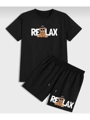 Punix Punıx Büyük Beden Relax Ayıcık Baskılı Ter Tutmayan Yazlık Kısa Kollu Erkek Battal Şort T-Shırt Takım