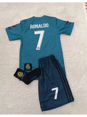 R. Madridd 2018 Cristiano Ronaldo Turkuaz Röveşata Çocuk Forması 4'lü Set (Armalı Set)