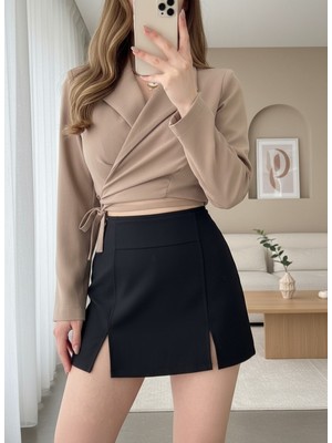 Moda Morfo Sırt Dekolteli Beli Bağcıklı Crop Ceket -Vizon