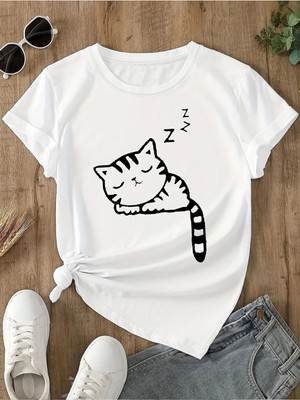 ENSUENO Unisex Sleeping Cat Baskılı Tshirt