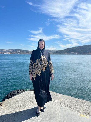 MYMİSİY Mymisiy Dubai Ipeği Şallı Pul Payetli Abaya Ferace Standart Beden 42-48