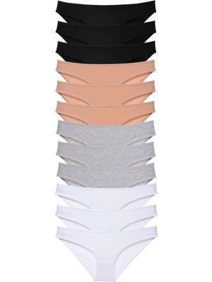 Ethab Ticaret 12 Adet Süper Eko Set Likralı Kadın Slip Külot Siyah Ten Gri Beyaz