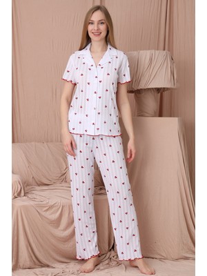 Wordex Mrn 1702 Kiraz Desenli Pointel Ince Kumaş Düğmeli Kısa Kollu Kadın Pijama Takımı