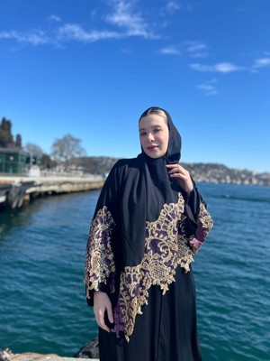 MYMİSİY Mymisiy Dubai Ipeği Şallı Pul Payetli Abaya Ferace Standart Beden 42-48