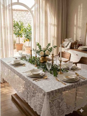 English Home Premium Seri Fisto Kenarlı Dantel Yemek Masası Örtüsü 6-8 Kişilik (155X220 Cm)