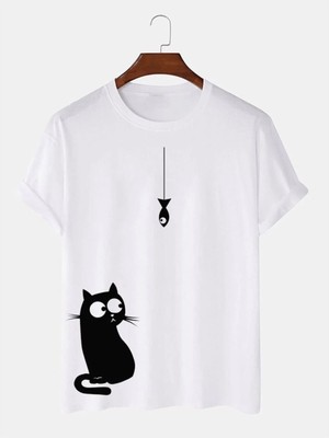 ENSUENO Unisex Black Cat Baskılı Tshirt