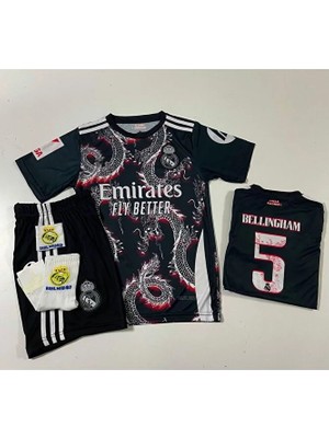 R. Madridd 2024/25 Sezon Dragon Desen Jude Bellingham Çocuk Forma 4'lü Set (Arma-Black-Red)