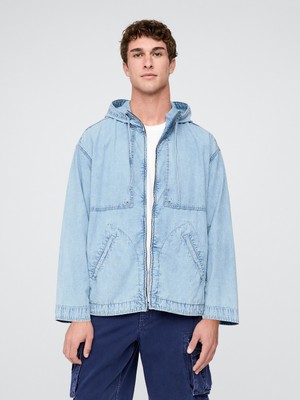 Gap Erkek Mavi Denim Ripstop Oversized Anorak Fermuarlı Ceket