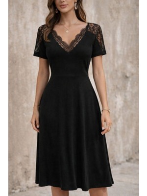 Kadın Kısa Kollu V Dantel Yakalı Midi Viskon Elbise