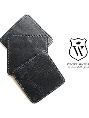 VİP GİFT Coaster Kare Bardak Altlığı Hakiki Deri Siyah Bardak Altı ( 1 Adet )