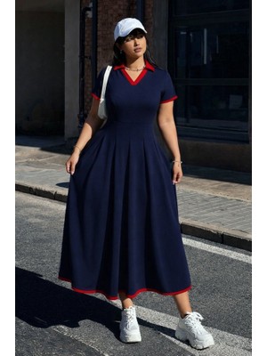 Kadın Kısa Kollu V Yakalı Pileli Uzun Janjan Krep Elbise