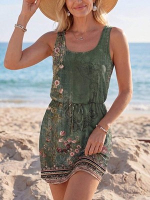 Kadın Askılı Yuvarlak Yakalı Beli Kusaklı Çiçek Desenli Kısa Süprem Elbise