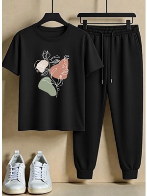 Punix Punıx Özel Tasarım  Art Kadın Surat Baskılı Kısa Kollu Ter Tutmayan Yazlık Büyük Beden Kadın Eşodfman Takımı