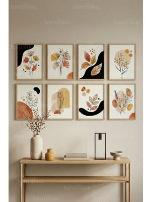 Tontilika 8 Parça Modern Soyut Botanik Çizimler Dekoratif Çerçeve Görünümlü Tablo Seti - Bitki ve Çiçek Tema