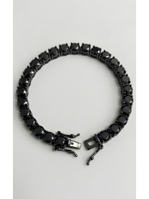 KFS Işıltılı Siyah Zirkon Taşlı Su Yolu Bileklik 6 mm 925 Ayar Gümüş