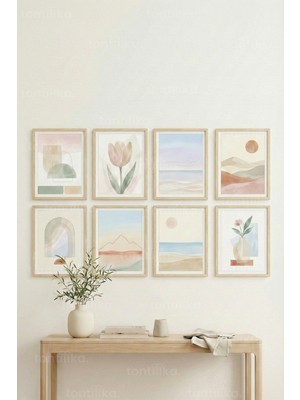 Tontilika 8 Parça Pastel Doğa ve Botanik Dekoratif Çerçeve Görünümlü Tablo Seti - Doğa Tema