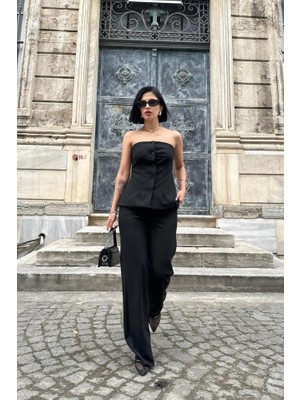 Siyah Straplez Düğmeli Crop ve Pantolon Takım