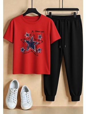 Punix Punıx Büyük Beden Özel Tasarım Yıldızlar Baskılı Kısa Kollu Yazlık Kadın Eşofman Takımı