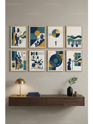 Tontilika 8 Parça Retro Caz Müzik Dekoratif Çerçeve Görünümlü Tablo Seti - Retro Tema