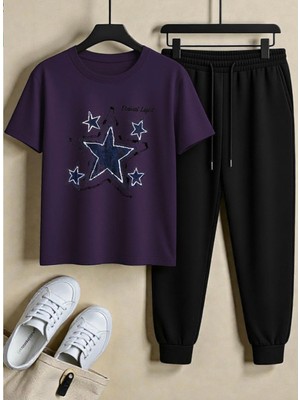 Punix Punıx Büyük Beden Özel Tasarım Yıldızlar Baskılı Kısa Kollu Yazlık Kadın Eşofman Takımı