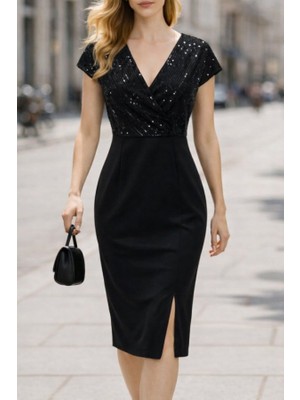 Kadın Kısa Kollu Kruvaze Yakalı Işıltı Detaylı Midi Ithal Krep Elbise