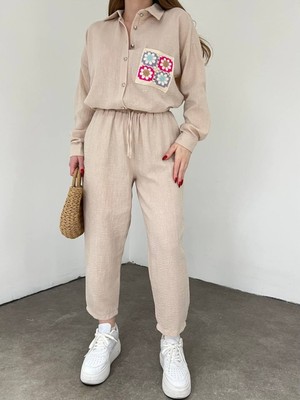 Moda Morfo Cebi Renkli Dantelli Ikili Keten Takım -Bej