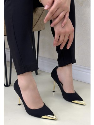 Alfaze Siyah Saten Gold Detaylı Ince Topuklu Sivri Burun Şık Stiletto Ayakkabı Topuk Boyu 10 cm