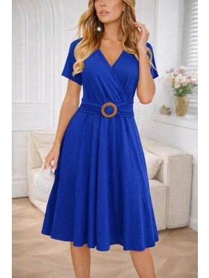 Kadın Kısa Kollu Kruvaze Yakalı Önden Toka Detaylı Kısa Viskon Elbise