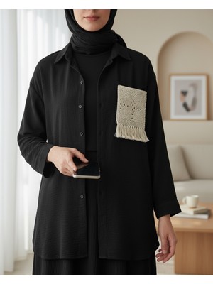 Moda Morfo Örgü Cepli Düğmeli Ayrobin Gömlek -Siyah