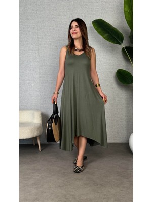 Kadın Çan Dokuma Kumaş V Yaka Asimetrik Kesim Elbise