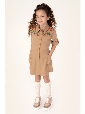 U.S. Polo Assn. Kız Çocuk Camel Cep Detaylı İşlemeli Dokuma Elbise 50271202-VR085