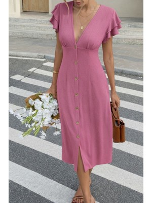 Kadın Kısa Kollu V Yakalı Önden Düğmeli Bürümcük Midi Elbise