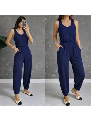 Kadın Askılı Yuvarlak Yakalı Cepli Viskon Tulum